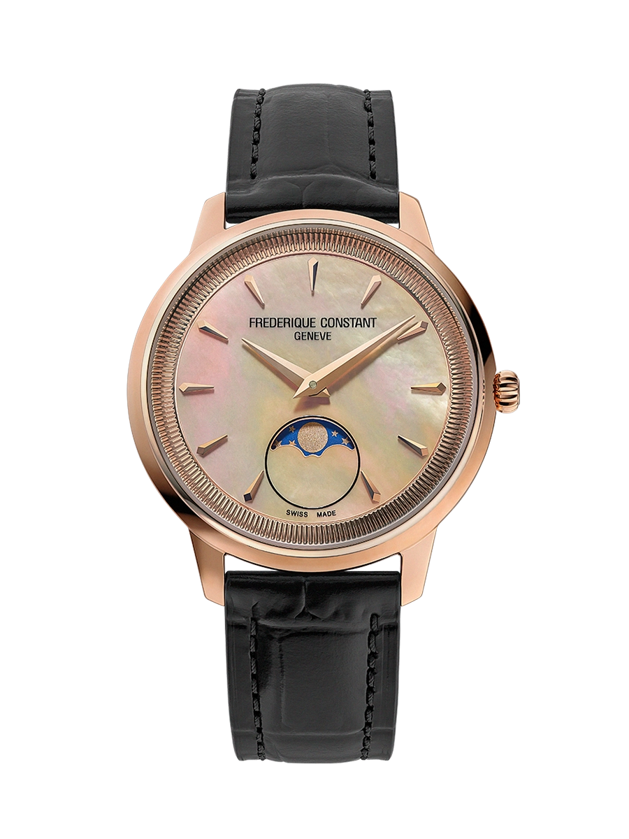 De Frederique Constant Classics Moneta Moonphase FC-206MPSAL2S4 is een elegante dameshorloge met een analoge weergave en quartz uurwerk. Het heeft een ronde kast van roestvrij staal met saffierglas en een parelmoeren wijzerplaat. De zwarte leren band complementeert de ros&eacute;gouden kast. Perfect voor formele en zakelijke gelegenheden. 