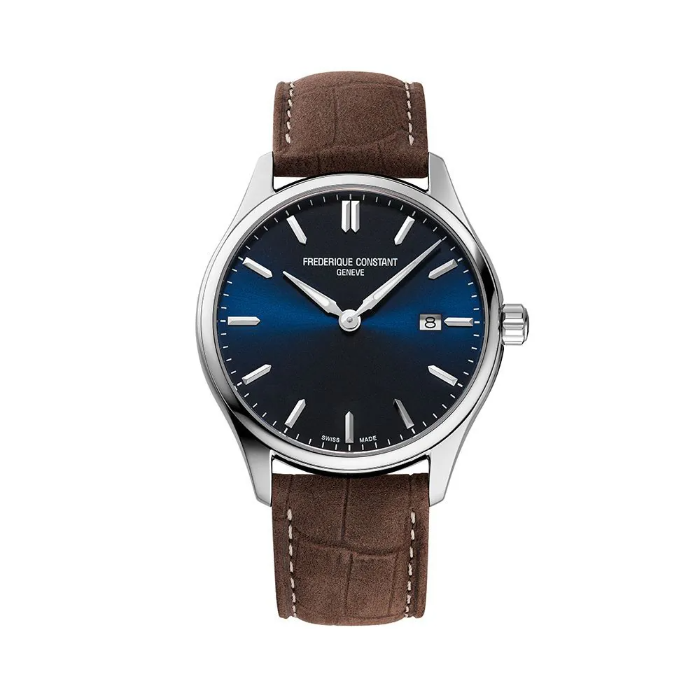 De Frederique Constant Slimline FC-220N5B6 is een stijlvolle herenhorloge met een 40mm roestvrijstalen kast, blauwe wijzerplaat met Romeinse cijfers, en zwart lederen band. Hij beschikt over een quartz uurwerk, datumfunctie, en saffierglas. Waterbestendig tot 5 bar en nikkelvrij. Perfect voor dagelijks gebruik of formele gelegenheden. Draag hem voor een tijdloze, elegante uitstraling.