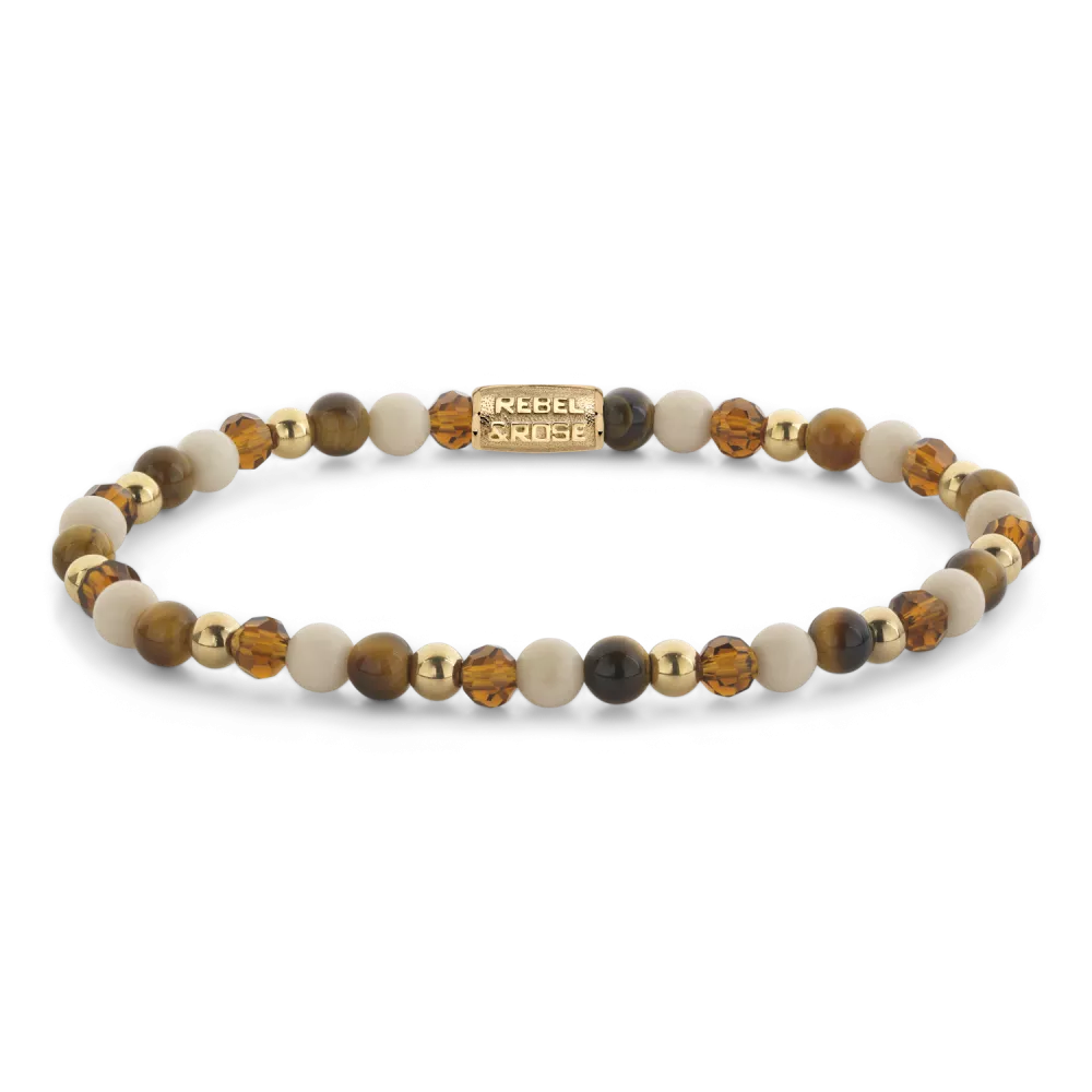 Bead armband, handgemaakt van 4mm stenen (Glas Rock, Blauwe Agaat, Sodaliet Blauw, RVS ion-gold plated) met een 18 karaat goud ion-plated edelstalen sluiting. Het Rebel & Rose sieraad is makkelijk te combineren met onze andere kralenarmbanden.