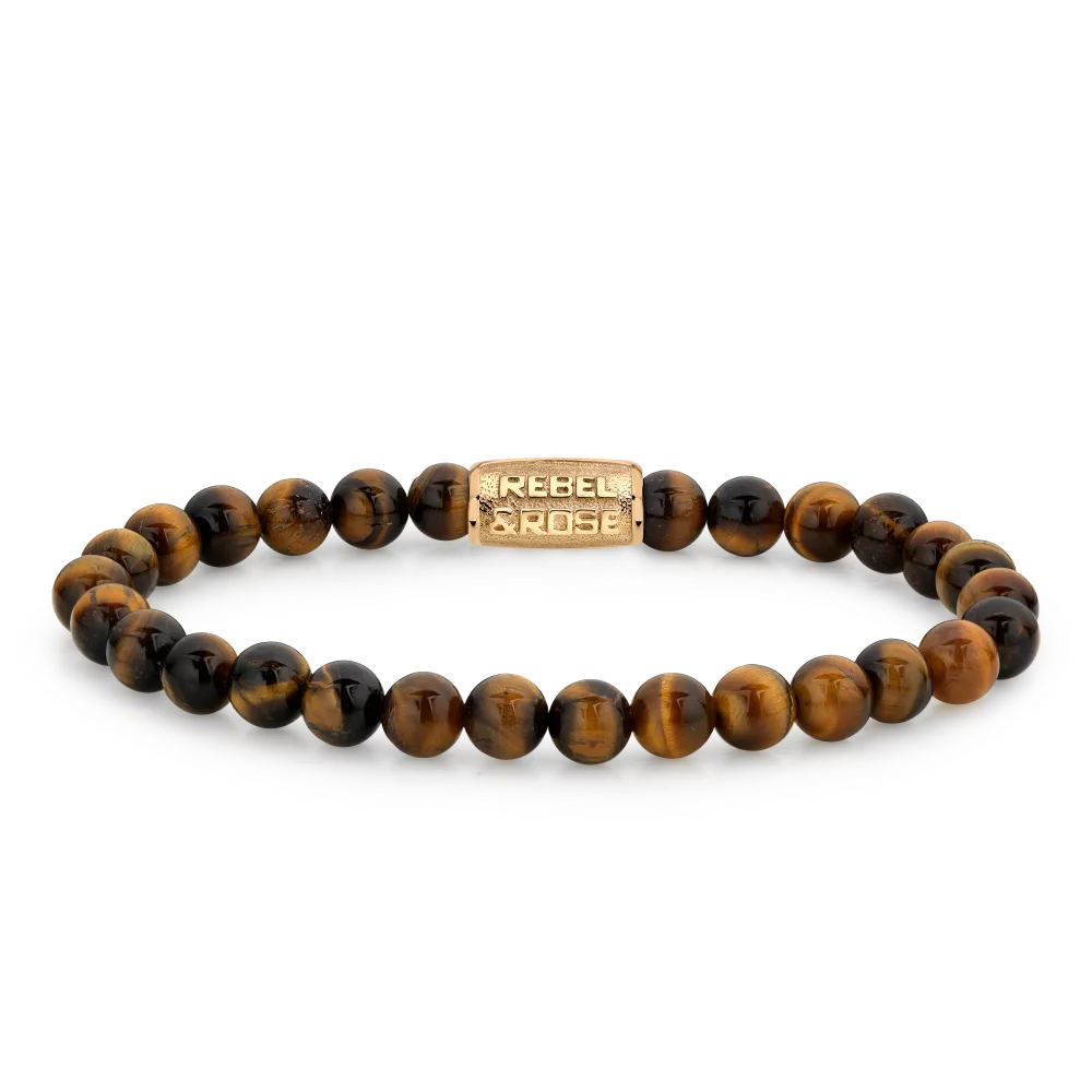 Bead armband, handgemaakt van 6mm Tijgeroog stenen met een 18 karaat goud ion-plated edelstalen sluiting. Het Rebel & Rose sieraad is mooi te combineren met onze andere leren, zilveren of kralenarmbanden.