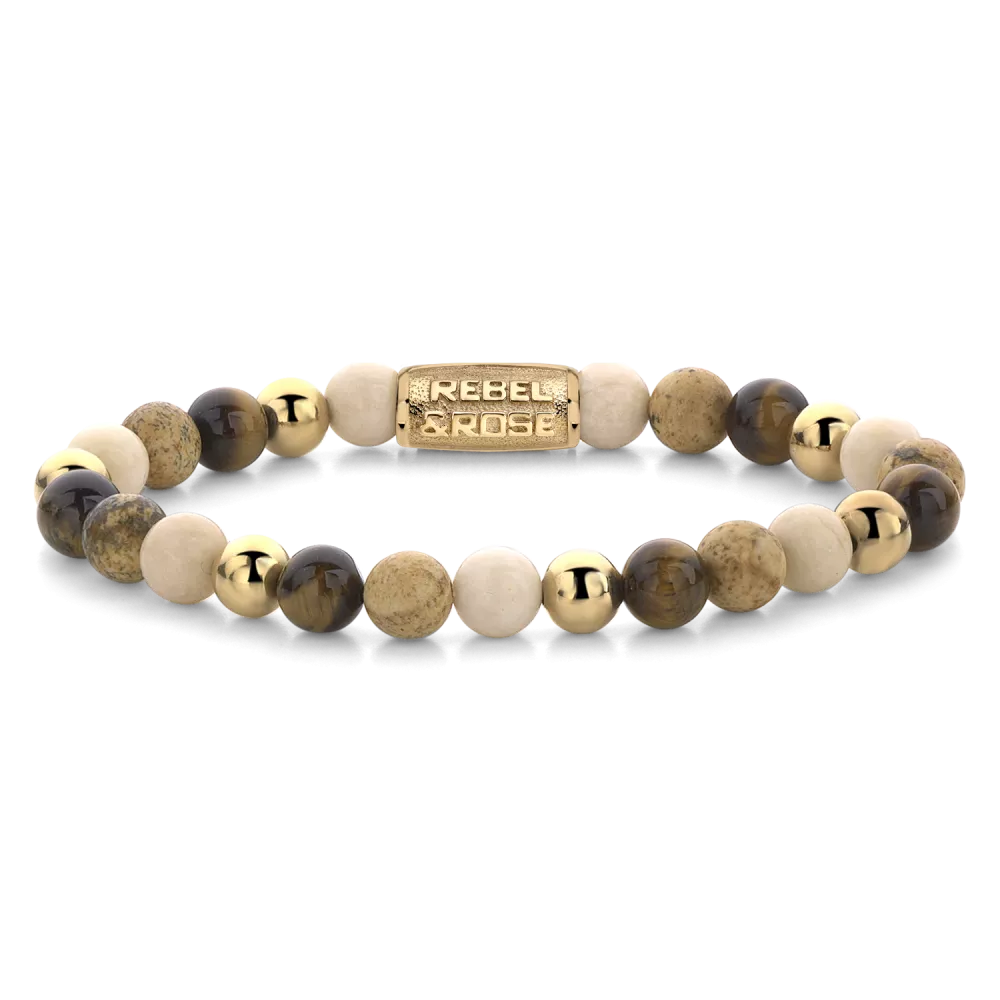 Bead armband, handgemaakt van 6mm Fossil, Lithographic en gele Tijgeroog stenen met geelgoud ge-ioniseerde ballen en met een 18 karaat goud ion-plated edelstalen sluiting. Het Rebel & Rose sieraad is makkelijk te combineren met andere zilveren, leren of kralenarmbanden.