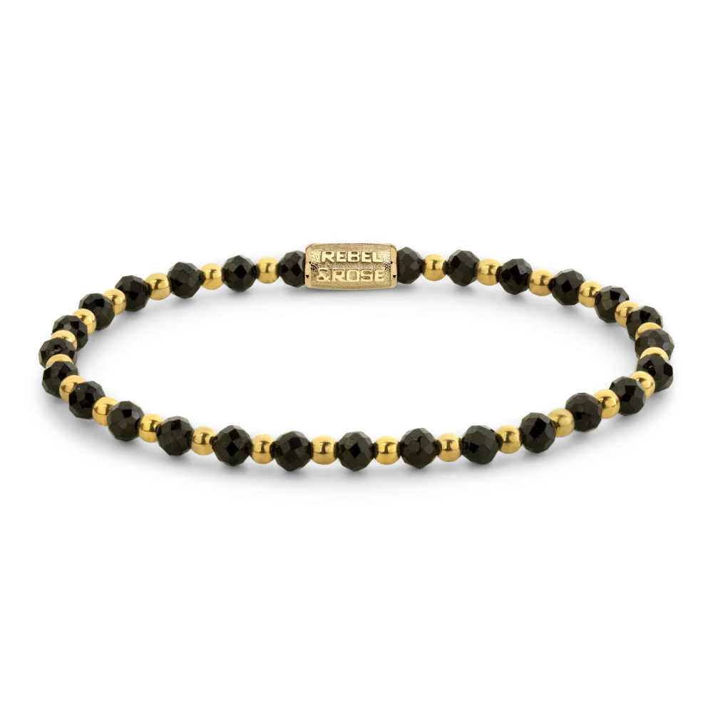 Bead armband met tien 4mm Black Spinel stenen, en 4mm 18 karaat goud ion-plated edelstalen stenen. De sluiting is gemaakt van 18 karaat goud ion-plated edelstaal. Het Rebel & Rose sieraad is handgemaakt en makkelijk te combineren met onze andere kralenarmbanden.