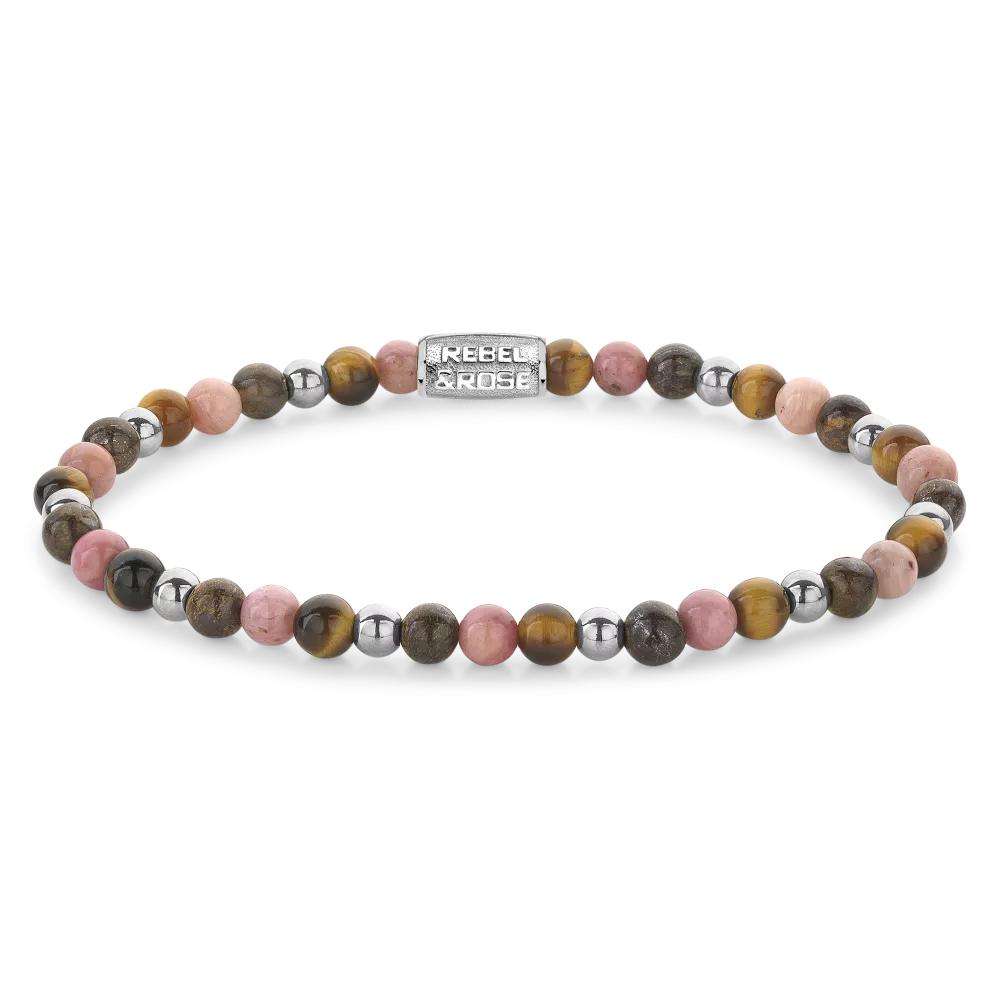 Bead armband, handgemaakt van 4mm stenen (Hematiet, Tijgeroog, Rhodochrosiet en Bronziet) met een zilverkleurige edelstalen sluiting. Het Rebel & Rose sieraad is makkelijk te combineren met onze andere kralenarmbanden.