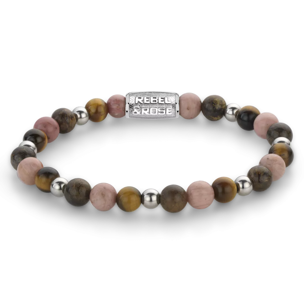 Bead armband, handgemaakt van 6mm stenen (Hematiet, Tijgeroog, Rhodochrosiet en Bronziet) met een zilverkleurige edelstalen sluiting. Het Rebel & Rose sieraad is makkelijk te combineren met onze andere kralenarmbanden.
