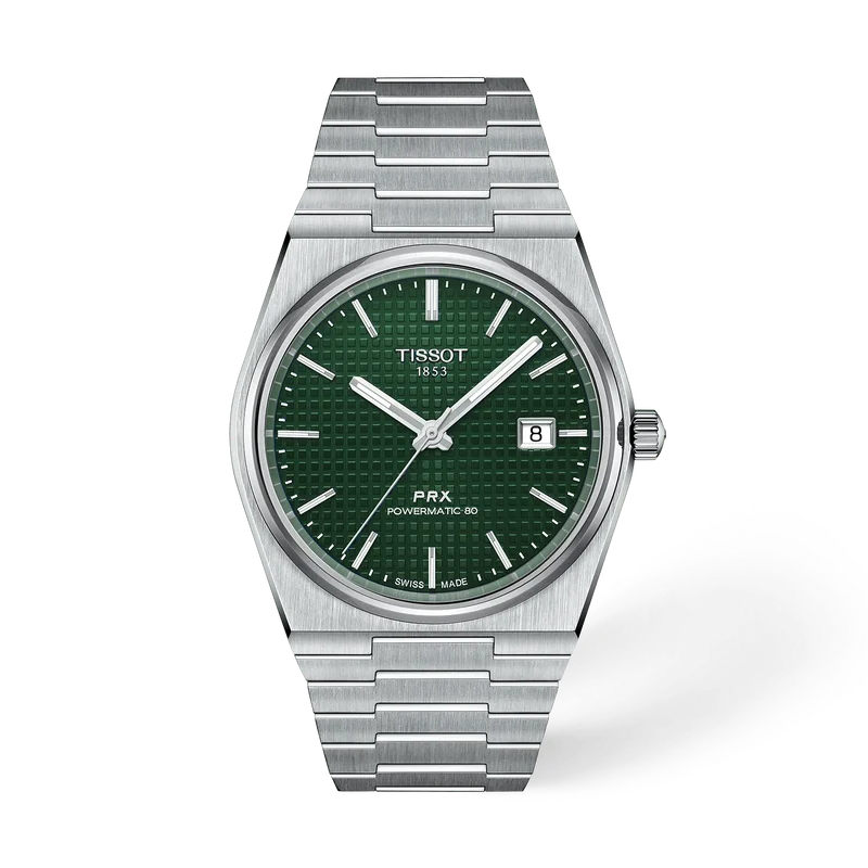 De Tissot PRX T1374071109100 is een elegante Zwitserse automatische polshorloge met een roestvrijstalen kast van 40 mm en saffierglas. Het heeft een groene wijzerplaat met strepen, datumfunctie en is waterdicht tot 10 ATM. Combineer met zakelijke of casual outfits voor een tijdloze uitstraling.