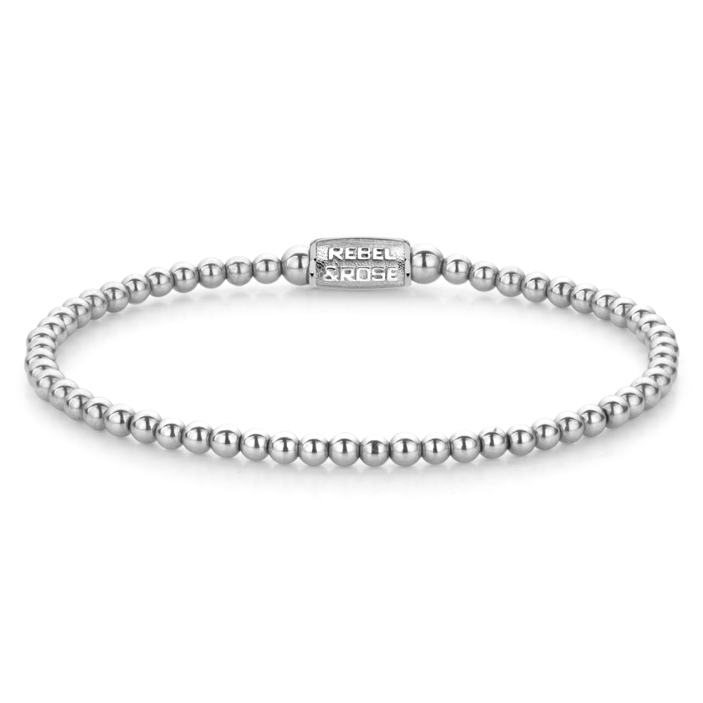 Bead armband, handgemaakt van 3mm Hematiet stenen met een zilverkleurige edelstalen sluiting. Het Rebel & Rose sieraad is makkelijk te combineren met andere zilveren, leren of kralenarmbanden.