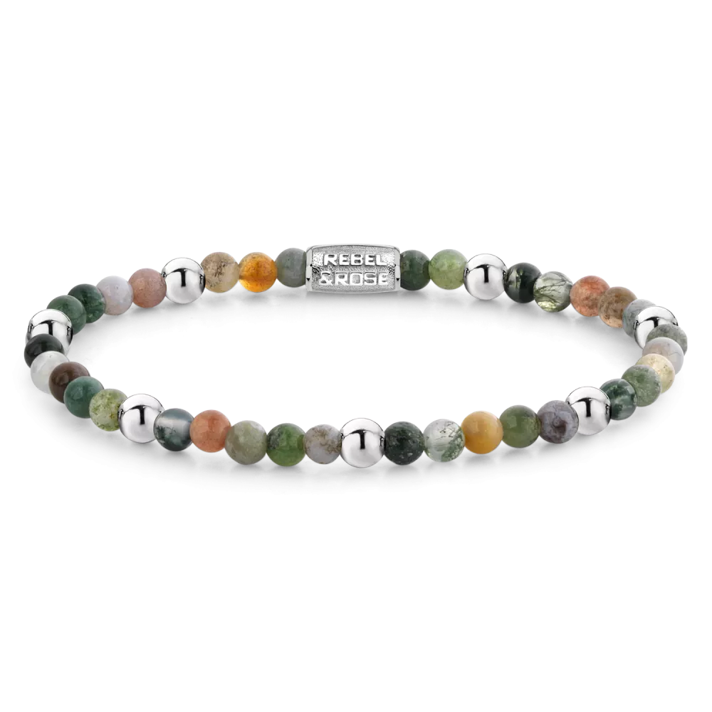 Bead armband, handgemaakt van een mix van 4mm Indiase Agaat en Hematiet stenen met een zilverkleurige sluiting. Dit Rebel & Rose sieraad is makkelijk te combineren met andere zilveren en kralenarmbanden.