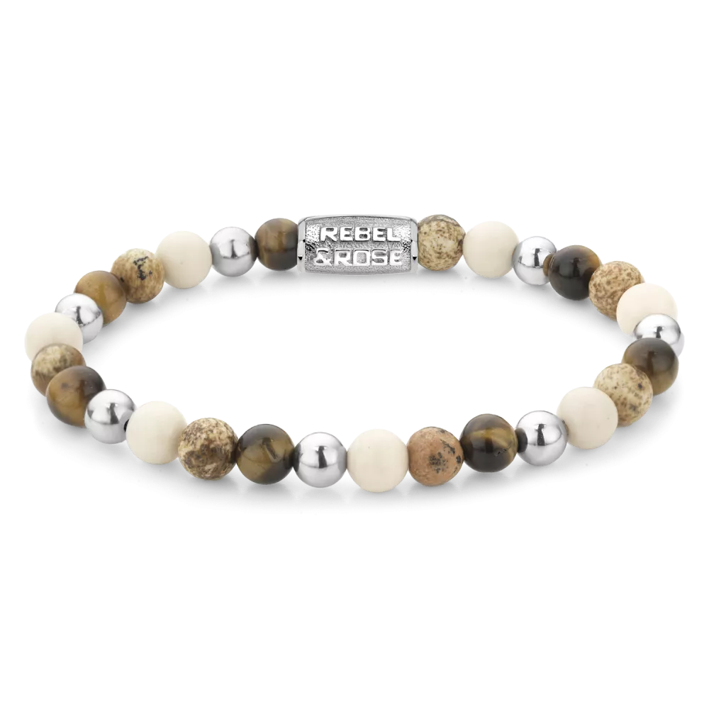 Bead armband, handgemaakt van 6mm stenen (Fossil, Jaspis, edelstaal en Tijgeroog) met een zilverkleurige sluiting. Het Rebel & Rose sieraad is makkelijk te combineren met onze andere kralenarmbanden.