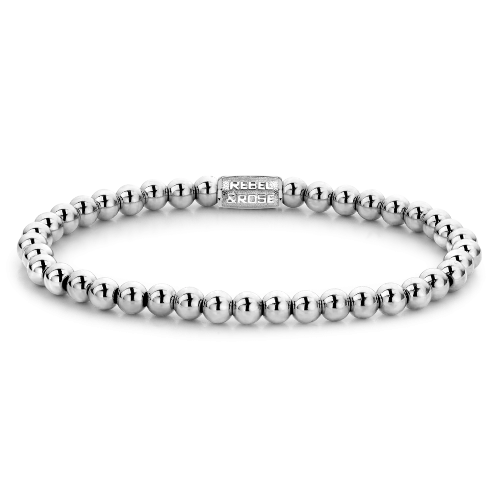 Bead armband, handgemaakt van 4mm Hematiet stenen met een zilverkleurige edelstalen sluiting. Het Rebel & Rose sieraad is makkelijk te combineren met andere zilveren, leren of kralenarmbanden.