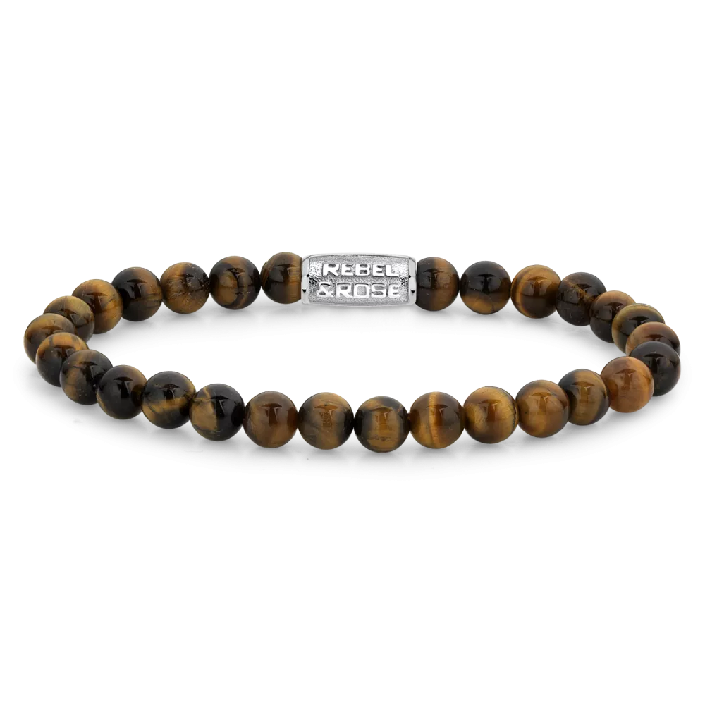 Bead armband, handgemaakt van 6mm gele Tijgeroog stenen met een zilverkleurige sluiting. Het Rebel & Rose sieraad is makkelijk te combineren met andere zilveren, leren of kralenarmbanden.