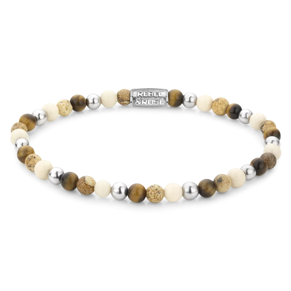 Bead armband, handgemaakt van 4mm stenen (Fossil, Jaspis, edelstaal en Tijgeroog) met een zilverkleurige sluiting. Het Rebel & Rose sieraad is makkelijk te combineren met onze andere kralenarmbanden.