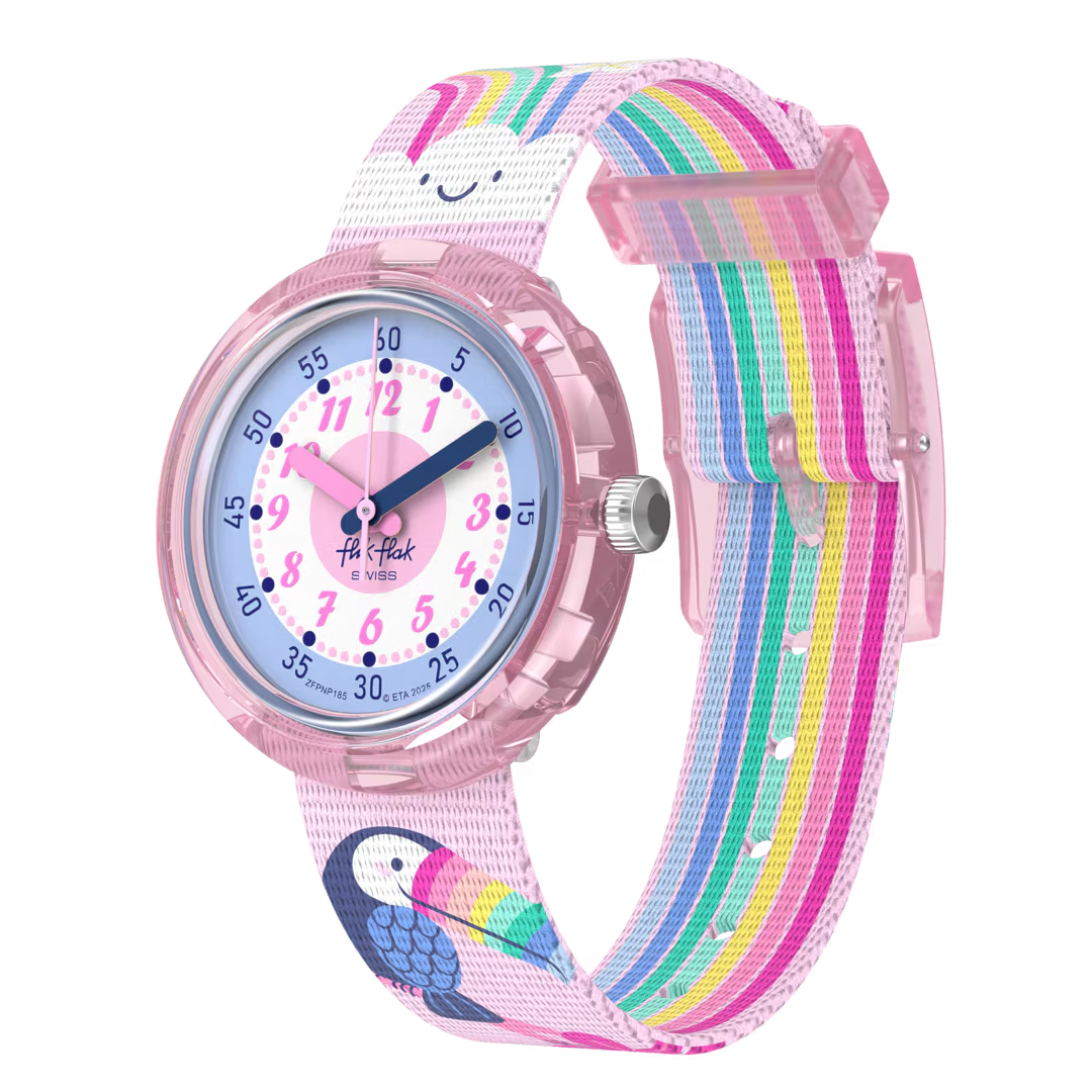 TOUCAN TREASURES is een kleurrijk kinderhorloge met regenbogen, bloemen en een leuke toekan op de roze horlogeband. Het speelse tropische design helpt kids bij het leren klokkijken en maakt dit een leuk en kleurrijk cadeau voor jonge avonturiers.