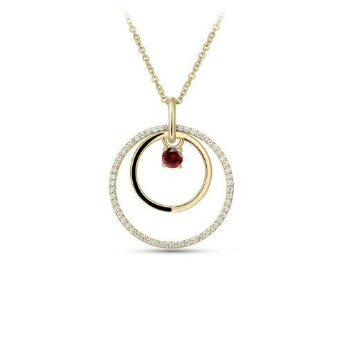 Zilver/verguld collier met hanger; 2 open rondjes waarvan de grootste met zirkonia, in het midden rood steentje