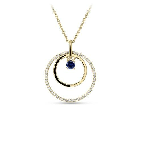 Zilver/verguld collier met hanger; 2 open rondjes waarvan de grootste met zirkonia, in het midden bruin steentje