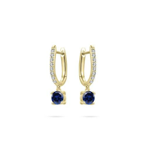 Zilver/vergulde oorringen met zirkonia en hangend blauw steentje