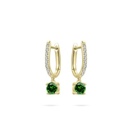 Zilver/vergulde oorringen met zirkonia en hangend groen steentje