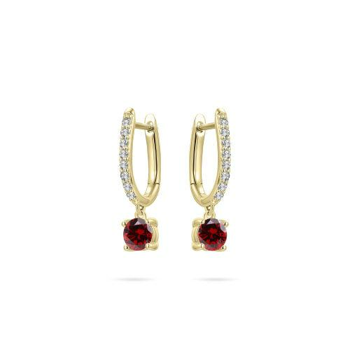 Zilver/vergulde oorringen met zirkonia en hangend rood steentje