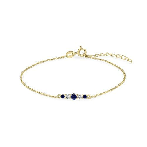 Zilver/vergulde armband met 3 blauwe steentjes en 2 zirkonia's in het midden