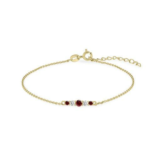 Zilver/vergulde armband met 3 rode steentjes en 2 zirkonia's in het midden