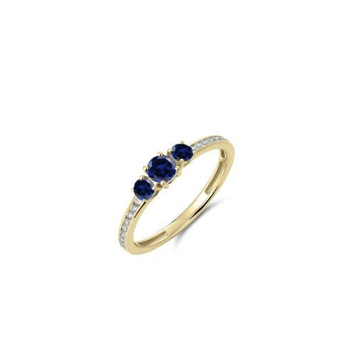 Zilver/vergulde ring met 3 blauwe stenene aan de bovenzijde en kleine zirkonia's ernaast
