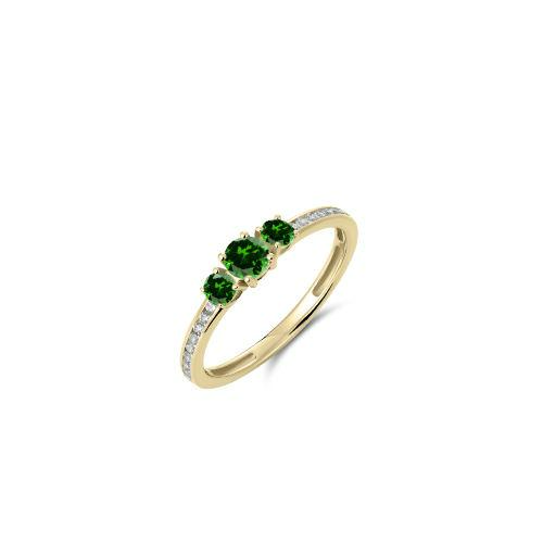 Zilver/vergulde ring met 3 groene stenen aan de bovenzijde en kleine zirkonia's ernaast