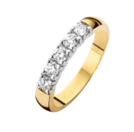 prachtige,zwaar uitgevoerde bicolor gouden alliancering maat 17,5 met 5x 0,08 crt. diamant, totaal 0,40crt. TW SI