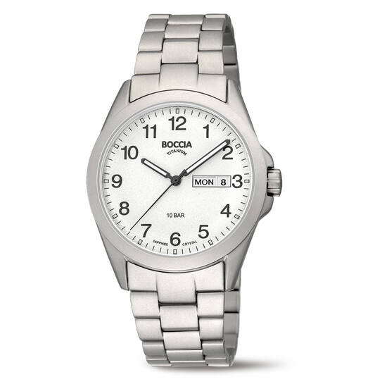 Dit horloge, modelnummer 3683-01, heeft een ronde titanium kast en een saffierglas. Het heeft een analoge quartz-beweging en een datumfunctie. De zilverkleurige titanium band en witte wijzerplaat met Arabische cijfers maken het stijlvol en duurzaam. Waterbestendig tot 10 ATM. Ideaal voor dagelijks gebruik en formele gelegenheden. Draag met zakelijke of casual outfits. 