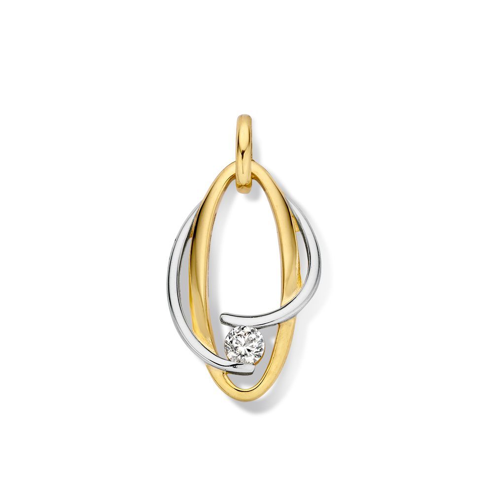 Deze bicolor hanger van Excellent Jewelry combineert wit- en geelgouden ovale lijnen met een sprankelende zirkonia, voor een grafisch en modern design. Met een lengte van 19 mm en breedte van 11 mm is dit een opvallend sieraad dat elke ketting verrijkt.