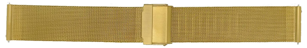 Milanese horlogeband in PVD-goudkleur. Dit is de meest solide manier van kleuren die beschikbaar is in de horloge categorie. De draad die voor deze horlogeband wordt gebruikt, is 0,4 mm. De aanzet gaat met een QR pushpin