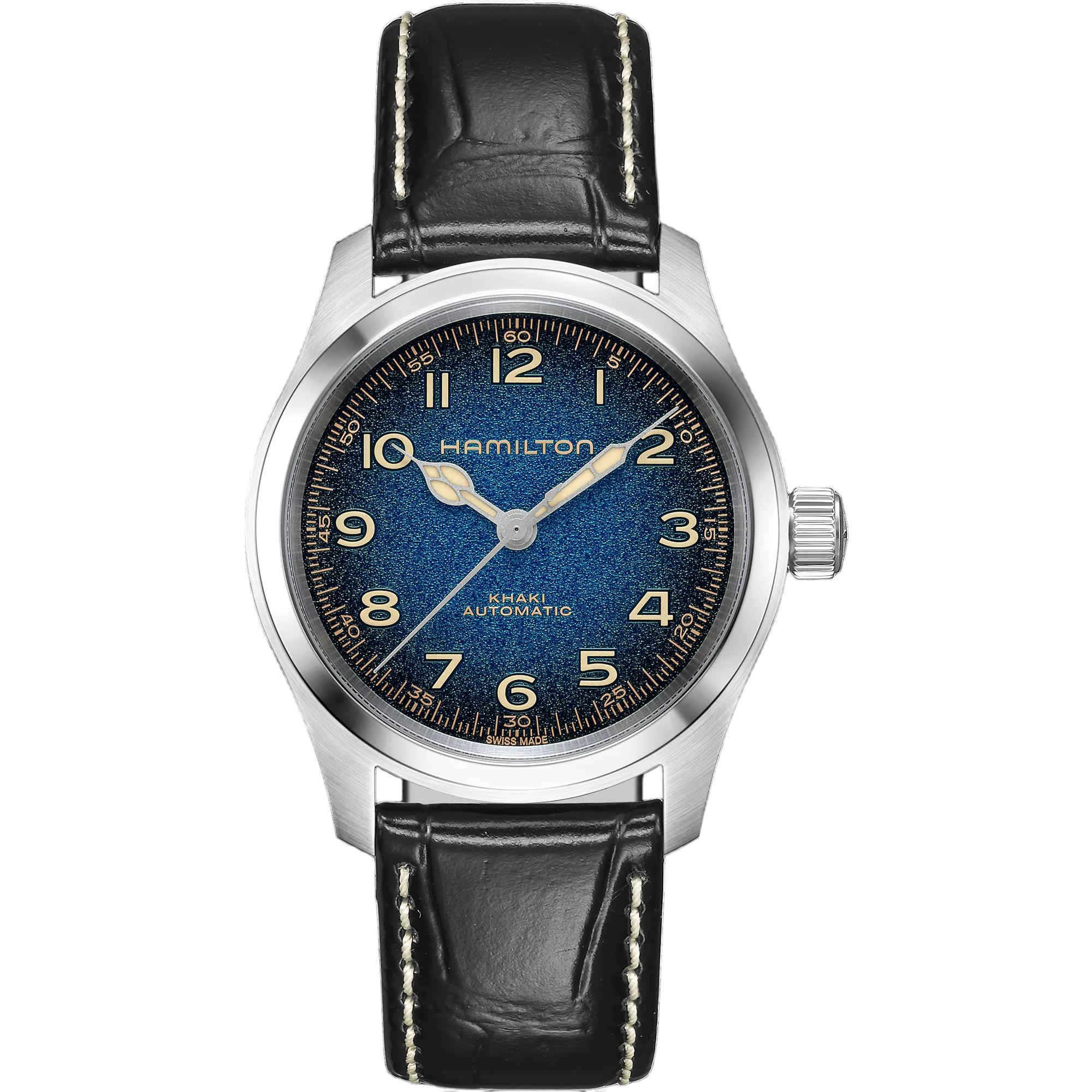 De Hamilton Khaki Field Murph H70405740 is een automatisch horloge met Zwitserse uurwerk. Kenmerken zijn onder andere een roestvrijstalen kast, saffierglas, blauwe wijzerplaat met Arabische indexen, en een zwart leren band. Het horloge is waterbestendig tot 10 ATM en is hypoallergeen. Perfect voor dagelijks gebruik of speciale gelegenheden dankzij het stijlvolle, tijdloze ontwerp.