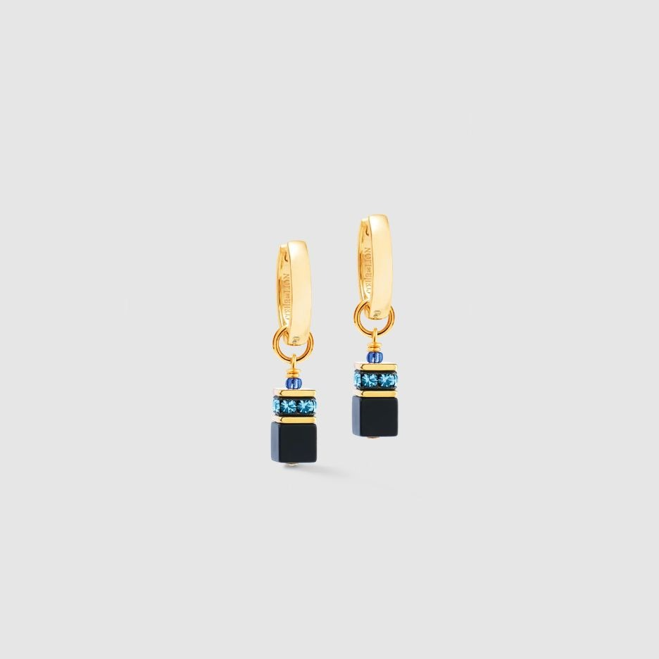  Coeur de Lion oorringen met hangers zwart/blauw; Onyx met swarovski kristal.