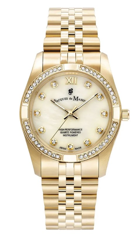 Jacques du Manoir Swiss Made quarts pols horloge staal met stalen band model JWL02003. 5 ATM waterdicht.