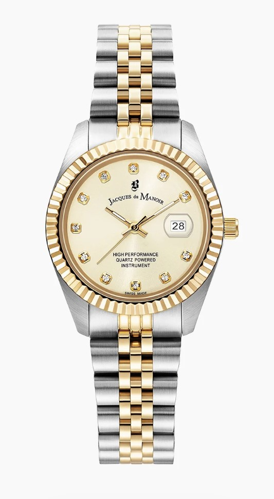 Jacques du Manoir Swiss Made quarts pols horloge staal met stalen band model JWL01201. 5 ATM waterdicht.