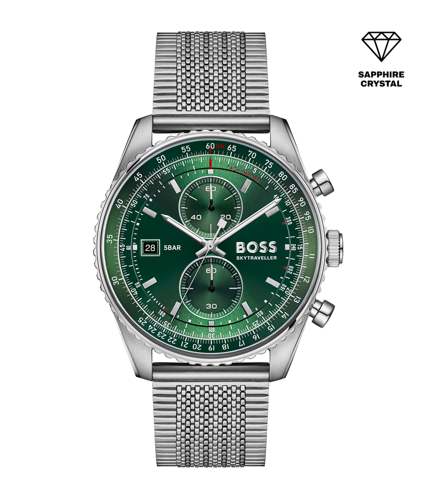 De Hugo Boss Chronograaf Heren Horloge 1514347 combineert elegantie met functionaliteit. Dit horloge heeft een zilverkleurige roestvrijstalen kast en Milanese mesh band, een groene wijzerplaat, en een krasbestendig saffierglas. Met zijn chronograaf en quartzbeweging is het ideaal voor zowel zakelijke als casual gelegenheden. Draag het als stijlvol accessoire met een maatpak of casual outfit. Waterbestendig tot 5 ATM.