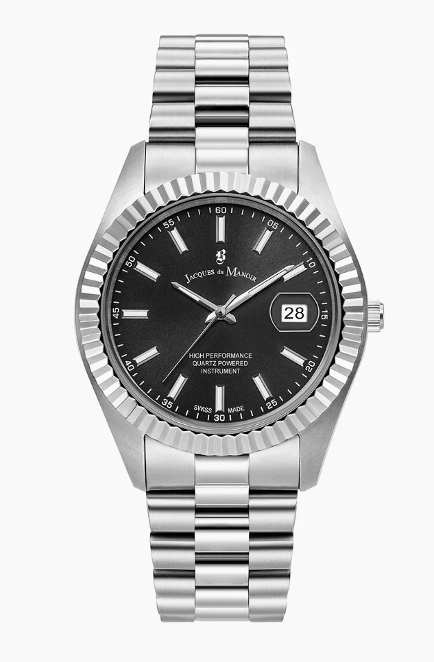 Jacques du Manoir Swiss Made quarts pols horloge staal met stalen band model JWN01702. 5 ATM waterdicht.