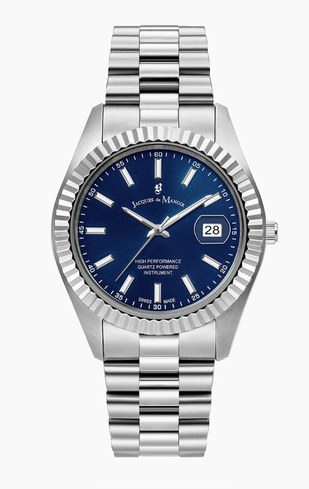 Jacques du Manoir Swiss Made quarts pols horloge staal met stalen band model JWN01701. 5 ATM waterdicht.