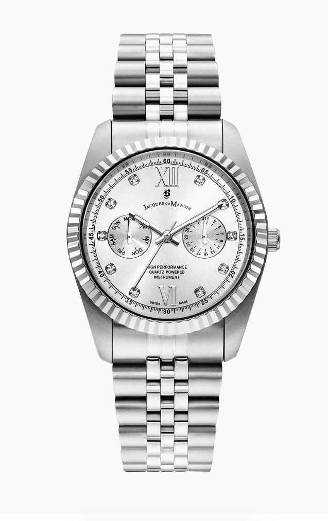 Jacques du Manoir Swiss Made quarts pols horloge staal met stalen band model JWN06101. 5 ATM waterdicht.