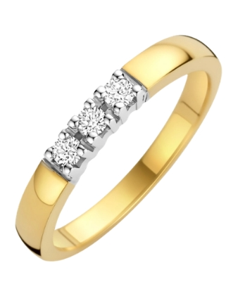 Prachtige, zwaar uitgevoerde, 14 karaat bicolor gouden damesring met 3x 0,08crt. diamant, in totaal 0,24crt. TW SI