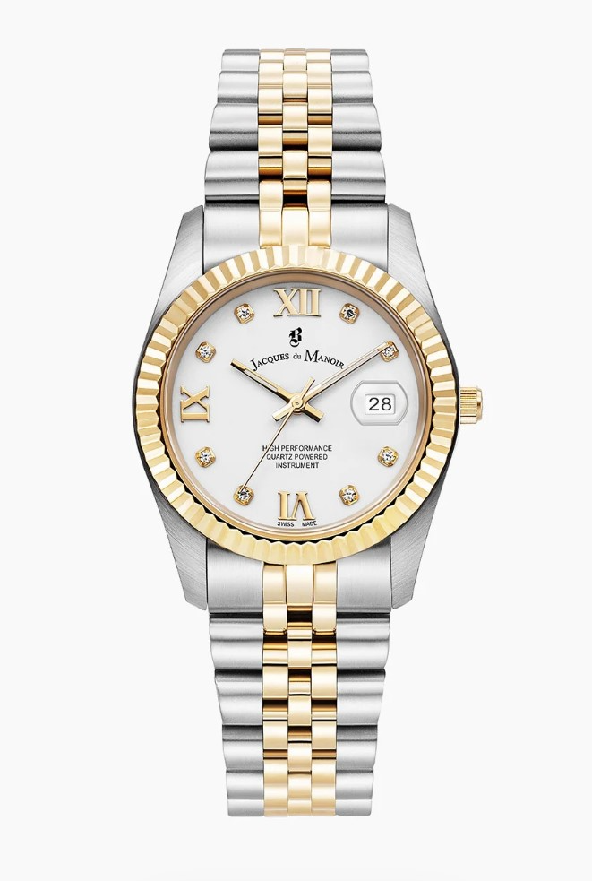Jacques du Manoir Swiss Made quarts pols horloge staal met stalen band model JWL01303. 5 ATM waterdicht.