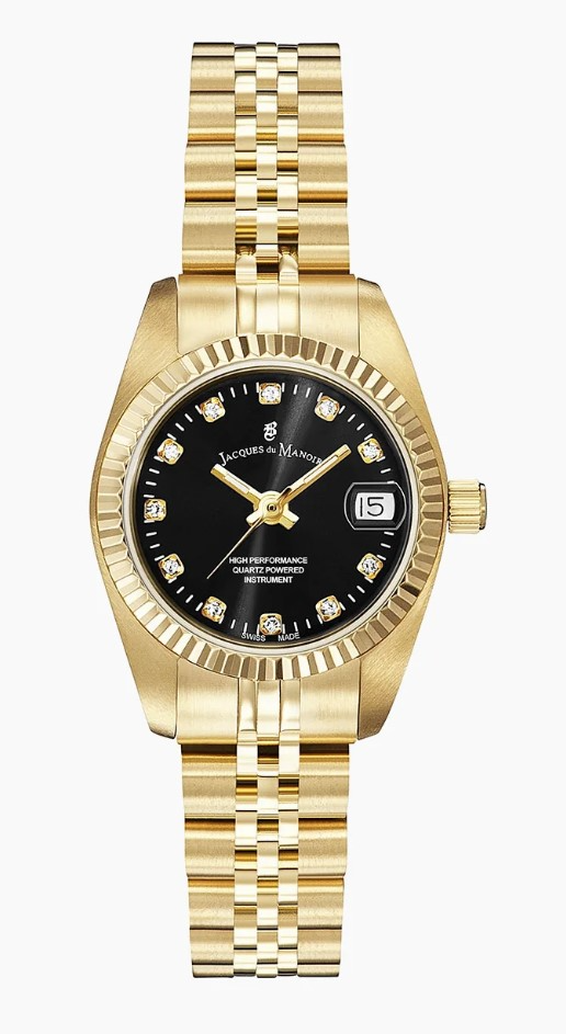 Jacques du Manoir Swiss Made quarts pols horloge staal met stalen band model NRO.22. 5 ATM waterdicht.