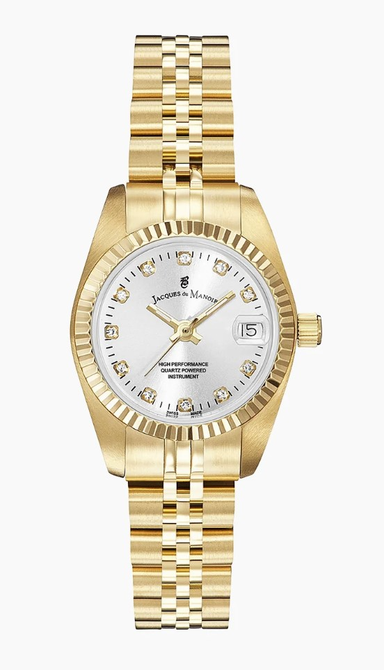 Jacques du Manoir Swiss Made quarts pols horloge staal met stalen band model NRO.12. 5 ATM waterdicht.