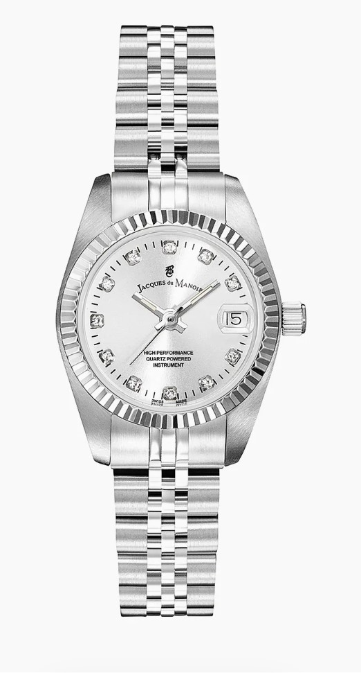Jacques du Manoir Swiss Made quarts pols horloge staal met stalen band model NRO.02. 5 ATM waterdicht.