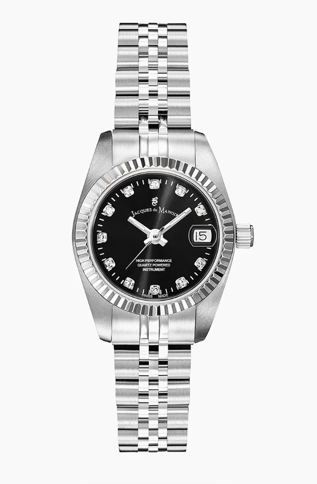 Jacques du Manoir Swiss Made quarts pols horloge staal met stalen band model NRO.06. 5 ATM waterdicht.