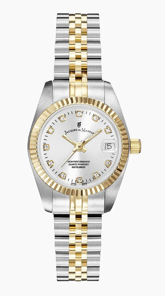 Jacques du Manoir Swiss Made quarts pols horloge staal met stalen band model NRO.08. 5 ATM waterdicht.
