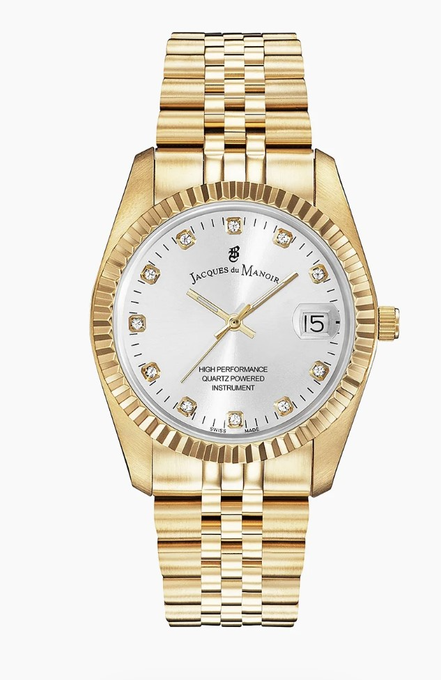 Jacques du Manoir Swiss Made quarts pols horloge staal met stalen band model NRO.11. 5 ATM waterdicht.