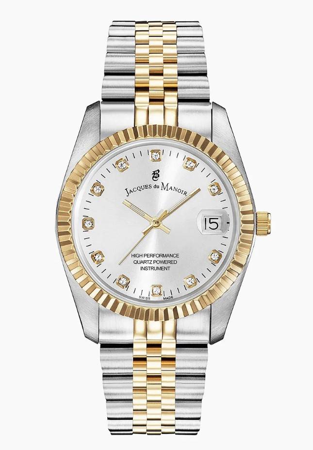Jacques du Manoir Swiss Made quarts pols horloge staal met stalen band model NRO.07. 5 ATM waterdicht.