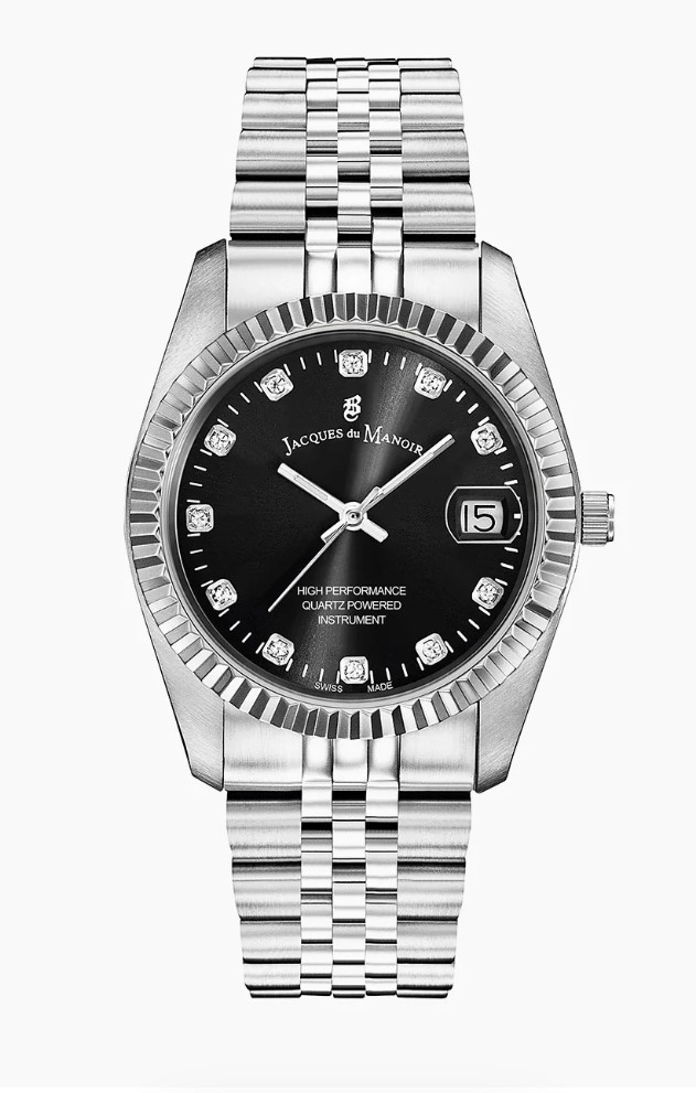 Jacques du Manoir Swiss Made quarts pols horloge staal met stalen band model NRO.05. 5 ATM waterdicht.