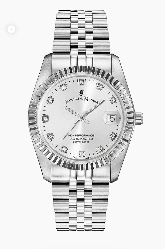 Jacques du Manoir Swiss Made quarts pols horloge staal met stalen band model NRO.01. 5 ATM waterdicht.