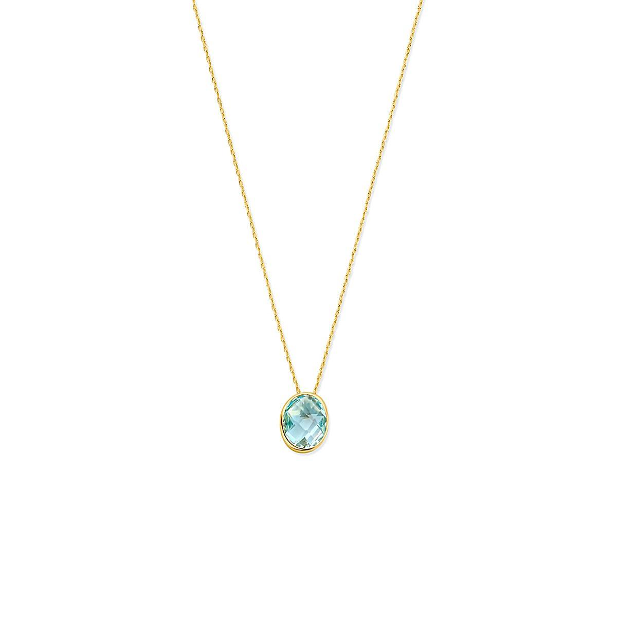 Deze prachtige ketting (modelnummer: 8718834945290) is een verfijnd sieraad van 14-karaats geelgoud, versierd met een blauwe topaas. De gouden kleur en het nieuwe ontwerp maken het perfect voor elke gelegenheid. Draag het solo voor een subtiele uitstraling of combineer het met andere sieraden voor een elegante en luxe look.