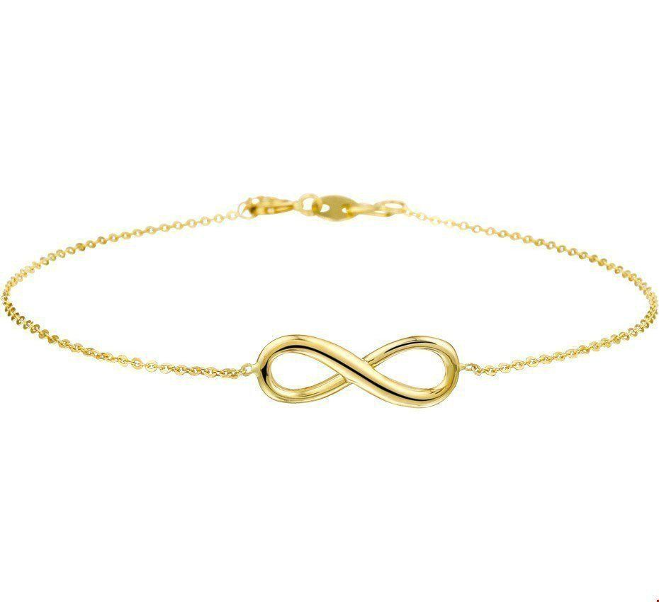 Deze 14K geelgouden armband, modelnummer 8718834473618, is een elegante gouden armband in infinity-stijl. Gemaakt van 14 karaat goud, straalt het luxe en stijl uit. De armband meet 16,5 cm met een extra 2 cm voor verstelbaarheid. Perfect te dragen als opvallend enkel sieraad of gestapeld met andere armbanden voor een trendy look.